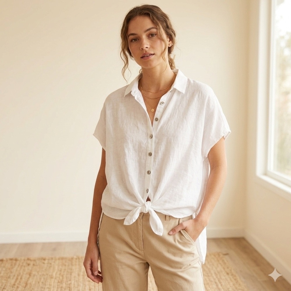 Grae Cove White 100% Linen Button Down Tie Front Short Sleeve Shirt Womens Small